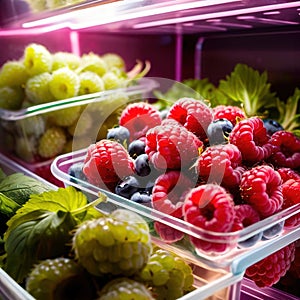 Fresh berries fruit stored neatly in organized clear pastic containers