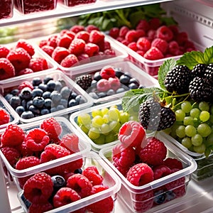 Fresh berries fruit stored neatly in organized clear pastic containers