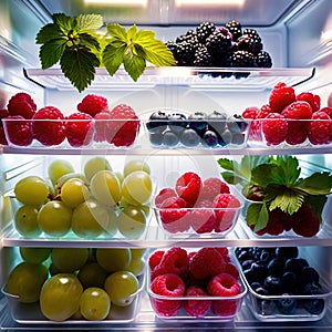 Fresh berries fruit stored neatly in organized clear pastic containers