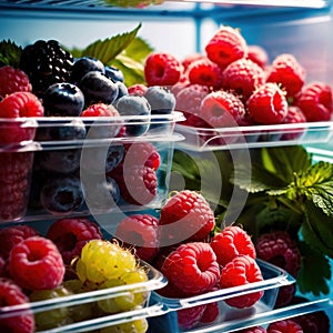 Fresh berries fruit stored neatly in organized clear pastic containers