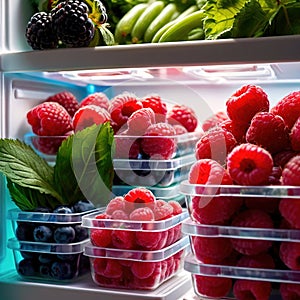 Fresh berries fruit stored neatly in organized clear pastic containers