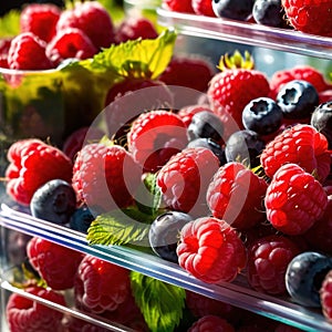 Fresh berries fruit stored neatly in organized clear pastic containers