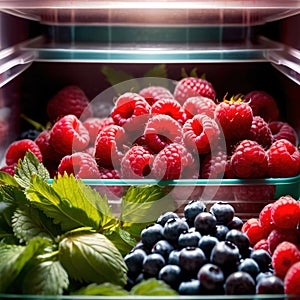 Fresh berries fruit stored neatly in organized clear pastic containers