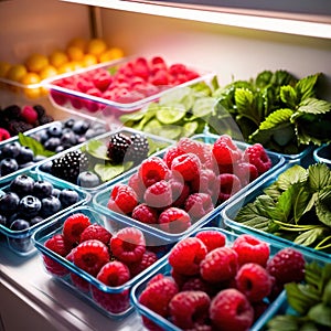 Fresh berries fruit stored neatly in organized clear pastic containers