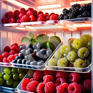 Fresh berries fruit stored neatly in organized clear pastic containers