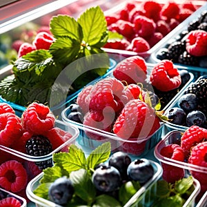 Fresh berries fruit stored neatly in organized clear pastic containers