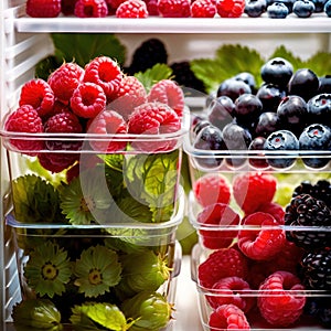 Fresh berries fruit stored neatly in organized clear pastic containers