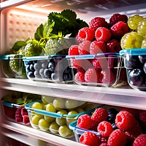 Fresh berries fruit stored neatly in organized clear pastic containers