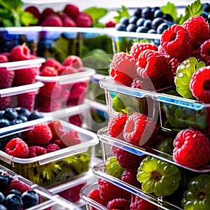 Fresh berries fruit stored neatly in organized clear pastic containers