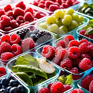 Fresh berries fruit stored neatly in organized clear pastic containers