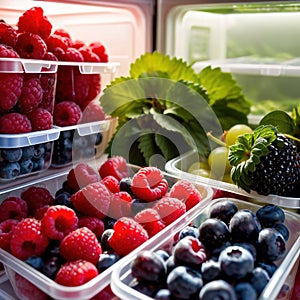 Fresh berries fruit stored neatly in organized clear pastic containers