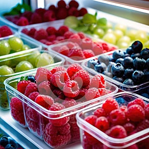 Fresh berries fruit stored neatly in organized clear pastic containers