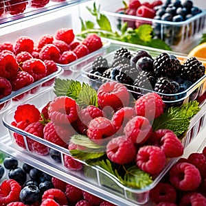 Fresh berries fruit stored neatly in organized clear pastic containers