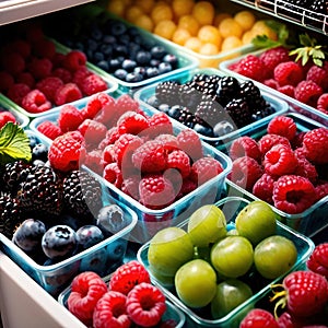 Fresh berries fruit stored neatly in organized clear pastic containers