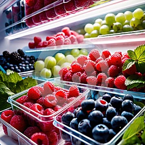 Fresh berries fruit stored neatly in organized clear pastic containers