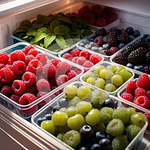 Fresh berries fruit stored neatly in organized clear pastic containers