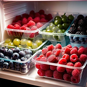 Fresh berries fruit stored neatly in organized clear pastic containers