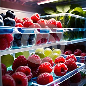 Fresh berries fruit stored neatly in organized clear pastic containers