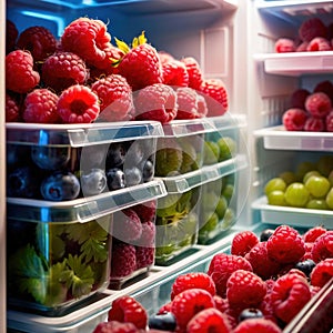 Fresh berries fruit stored neatly in organized clear pastic containers