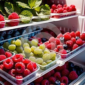 Fresh berries fruit stored neatly in organized clear pastic containers