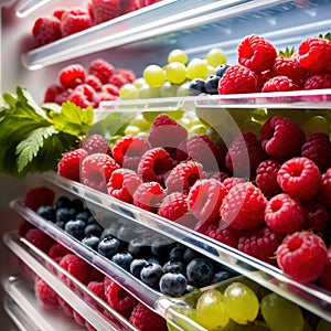 Fresh berries fruit stored neatly in organized clear pastic containers