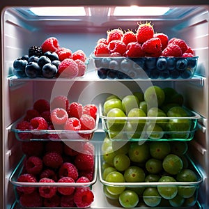 Fresh berries fruit stored neatly in organized clear pastic containers