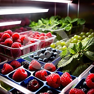 Fresh berries fruit stored neatly in organized clear pastic containers