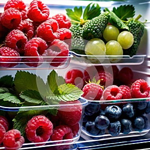 Fresh berries fruit stored neatly in organized clear pastic containers