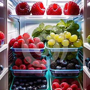 Fresh berries fruit stored neatly in organized clear pastic containers