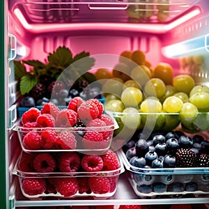 Fresh berries fruit stored neatly in organized clear pastic containers