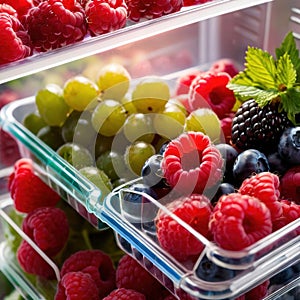 Fresh berries fruit stored neatly in organized clear pastic containers