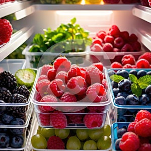 Fresh berries fruit stored neatly in organized clear pastic containers