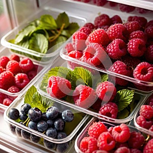 Fresh berries fruit stored neatly in organized clear pastic containers