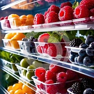 Fresh berries fruit stored neatly in organized clear pastic containers