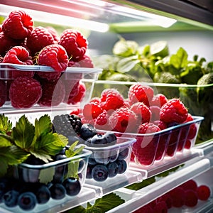 Fresh berries fruit stored neatly in organized clear pastic containers