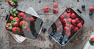 Fresh berries in metal lunchboxes over grey background, top view