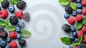 Fresh Berries and Mint on Gray Background