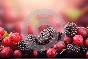 Fresh berries mix with copy space for text on pink background. Ripe blackberries, grape