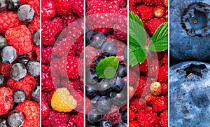 Fresh berries. Mixed of blueberry, strawberry, raspberries. Collage of fresh color fruit