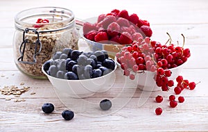 Fresh berries raspberries, yogurt and homemade granola for breakfast, top view, horizontal