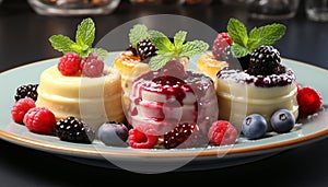 Fresh berry dessert with mint leaf on gourmet plate generated by AI
