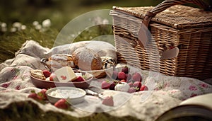 Fresh berry picnic basket, organic gourmet snack on grass meadow generated by AI