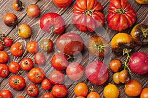 Fresh big and small tomatoes on dark wooden background