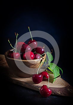 Fresh Bing Cherries in Wood Bowl photo