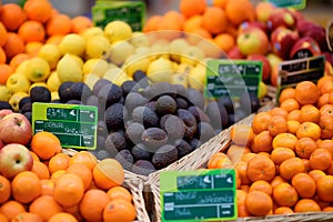 Fresh bio fruits on farmer market in Strasbourg, France