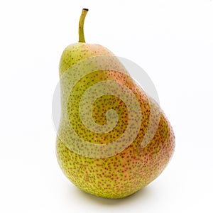 Fresh bio pear with leaves on isolated white background.