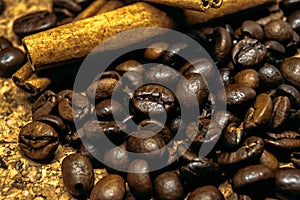 Fresh black coffe beans on cork table