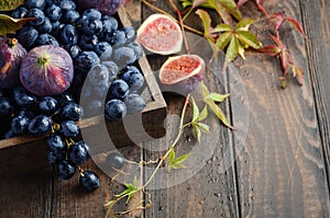 Fresh Black Grapes and Figs in Dark Wooden Tray on Wooden Table