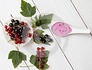 Fresh black and red currant with green leaves on white wooden boards. Homemade yogurt with berries  in spoon