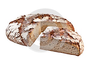 Fresh black round bread, sliced, isolated on white background
